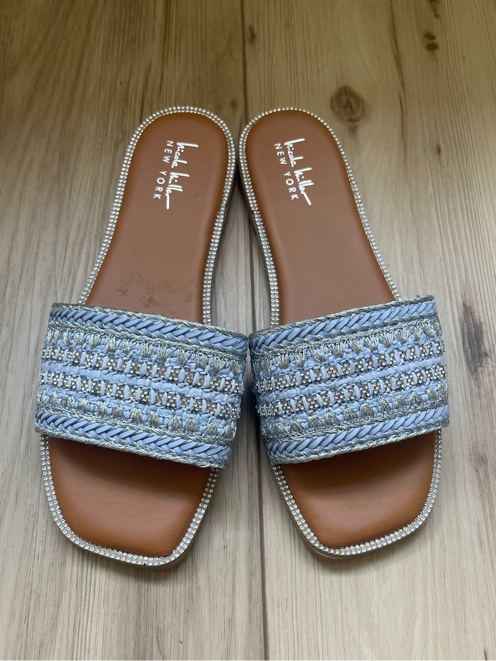 Nicole Miller Light Blue Braided Metallic Slide Sandals with Rhinestone Trim